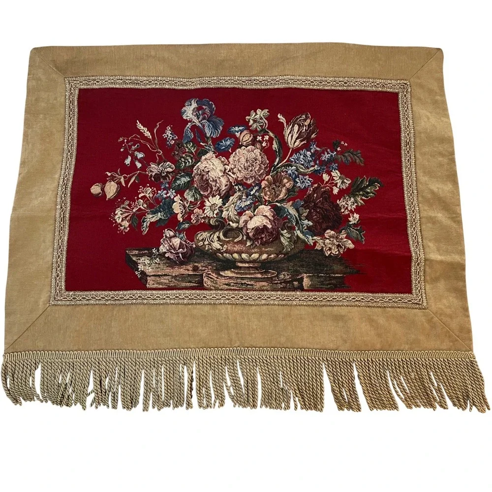 Vintage Floral Tapestry French‎ Country Gold Fringe and Braided Border